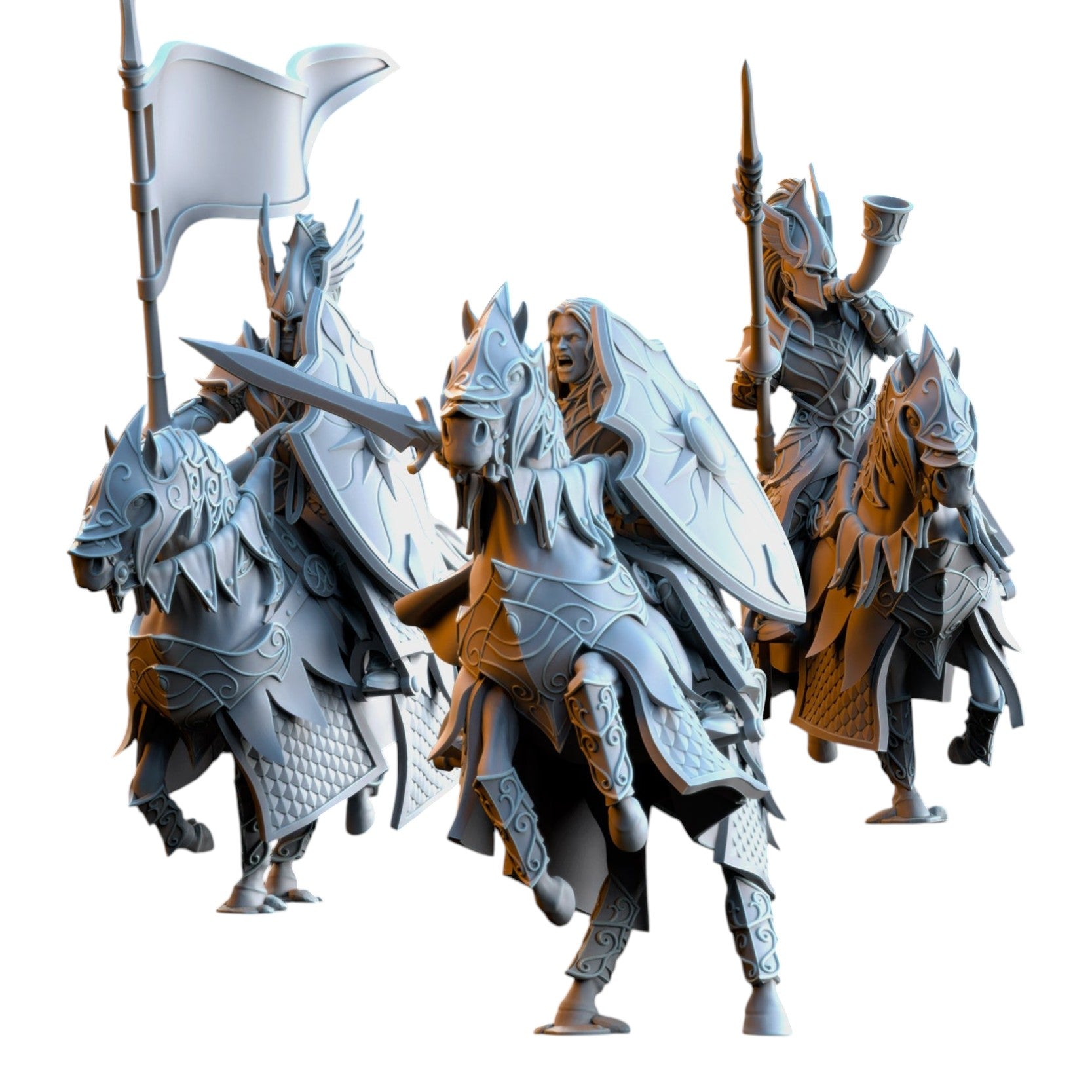 CT Miniatures UK Knights of Ashur Command Group 32mm grey resin fantasy elf cavalry miniatures on horseback