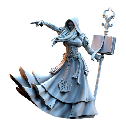 CT Miniatures UK Kythaela the Wizard 3D printed grey resin fantasy elf miniature holding a staff and book