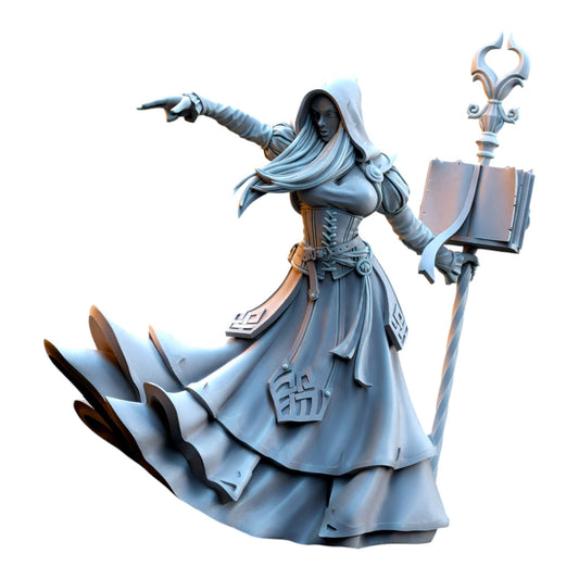 CT Miniatures UK Kythaela the Wizard 3D printed grey resin fantasy elf miniature holding a staff and book