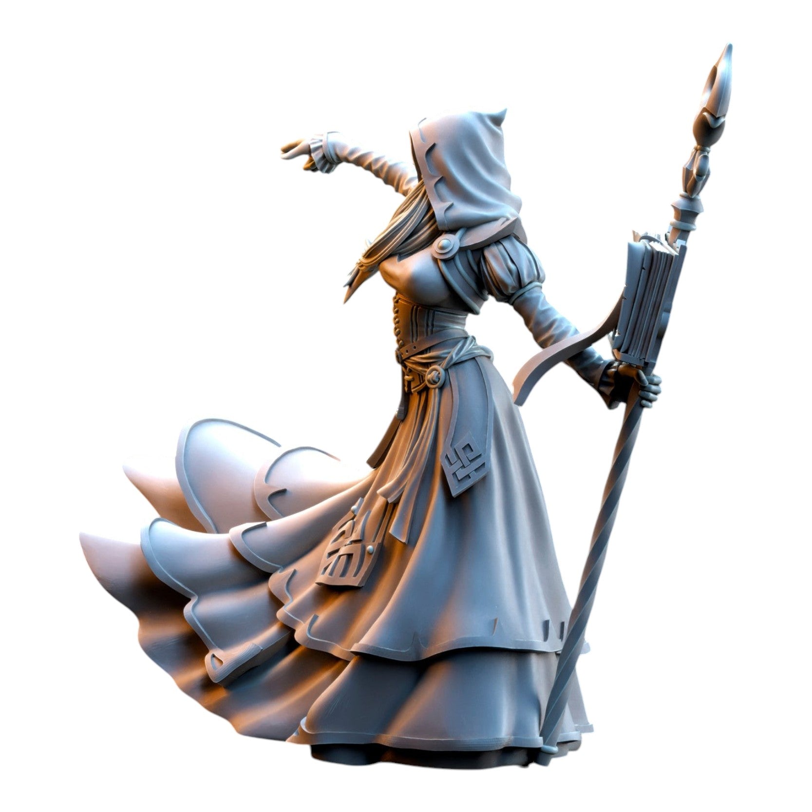 CT Miniatures UK 3D printed grey resin Kythaela the Wizard elf miniature with staff and book in a dynamic pose
