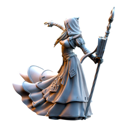CT Miniatures UK 3D printed grey resin Kythaela the Wizard elf miniature with staff and book in a dynamic pose