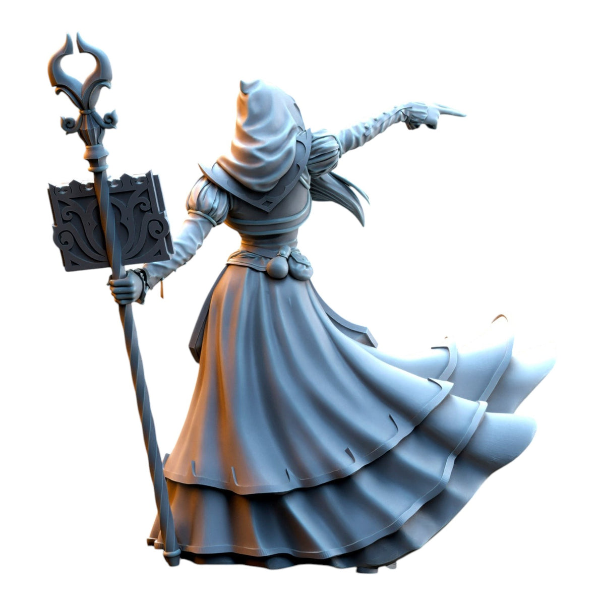 CT Miniatures UK Kythaela the Wizard 32mm grey resin fantasy miniature holding a staff and book, back view