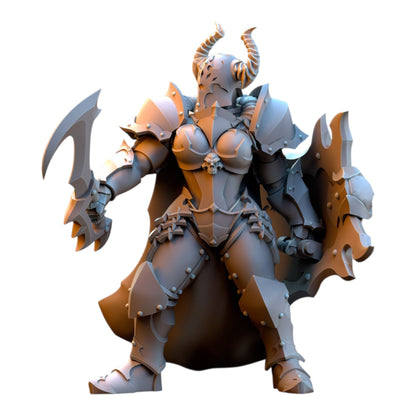 CT Miniatures UK 32mm grey resin maiden warrior miniature with horned helmet, plate armor, blade, and shield.