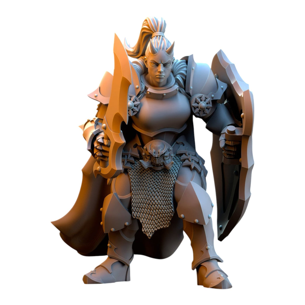 CT Miniatures UK 32mm grey resin fantasy maiden warrior miniature with sword, shield, and armor for tabletop gaming.