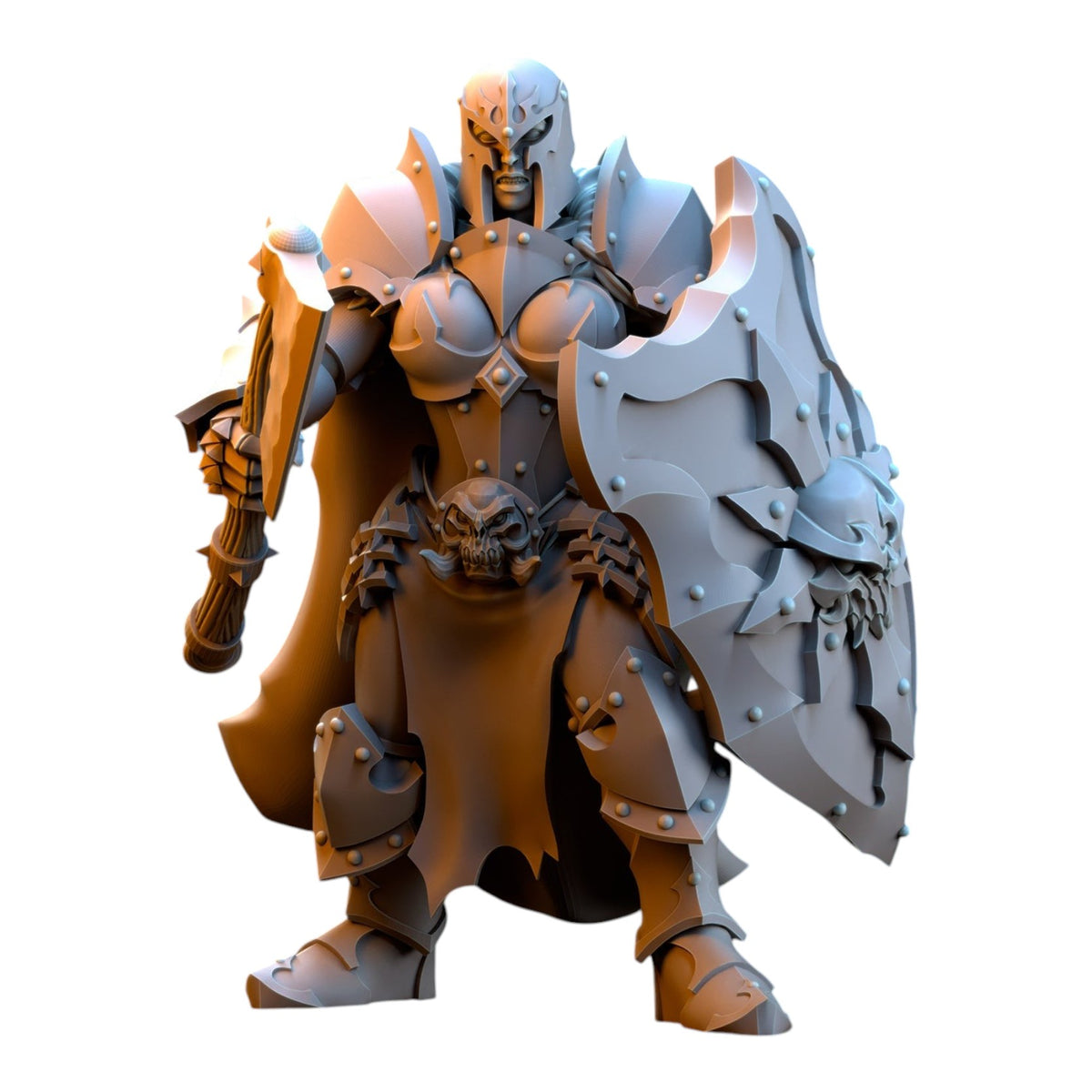 CT Miniatures UK 32mm grey resin maiden warrior miniature with ornate plate armor, skull belt, and large shield.