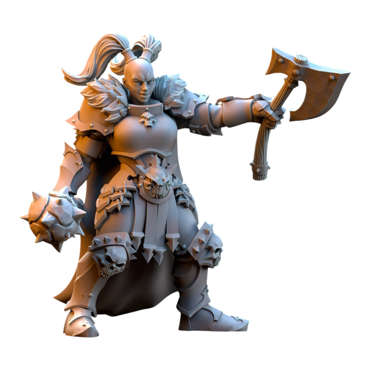 CT Miniatures UK 32mm grey resin maiden warrior miniature with axe and mace, featuring detailed skull armor plating.