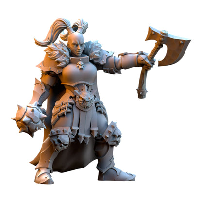 CT Miniatures UK 32mm grey resin maiden warrior miniature with axe and mace, featuring detailed skull armor plating.