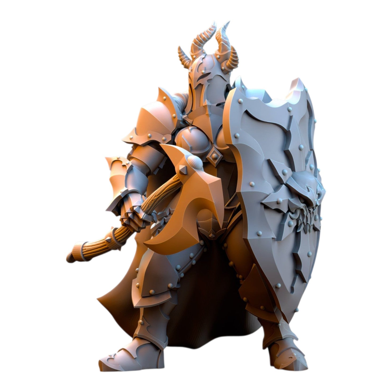 CT Miniatures UK 3D printed grey resin maiden warrior miniature with horned helmet, axe, and ornate shield