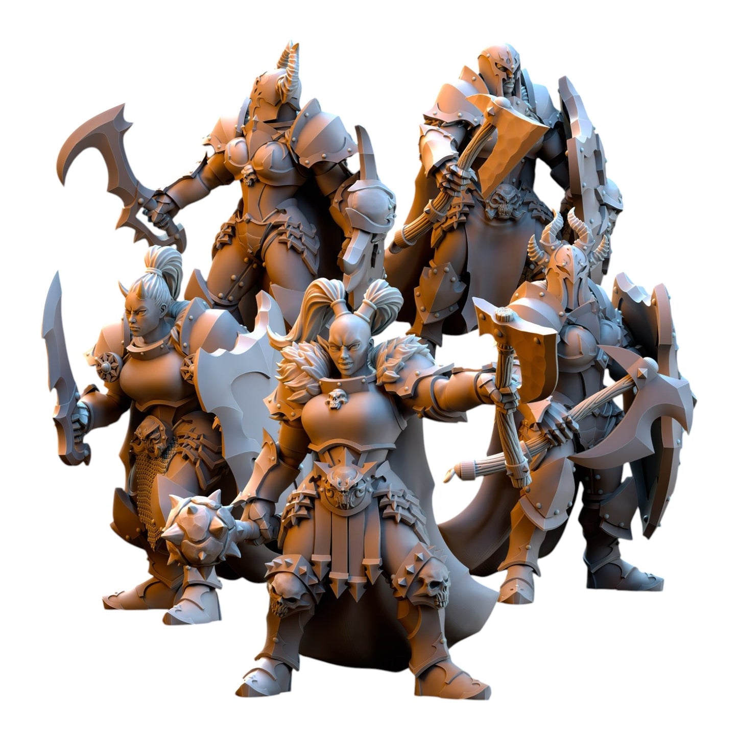 CT Miniatures UK set of 5 grey resin 32mm fantasy maiden warrior miniatures with detailed armor and weapons