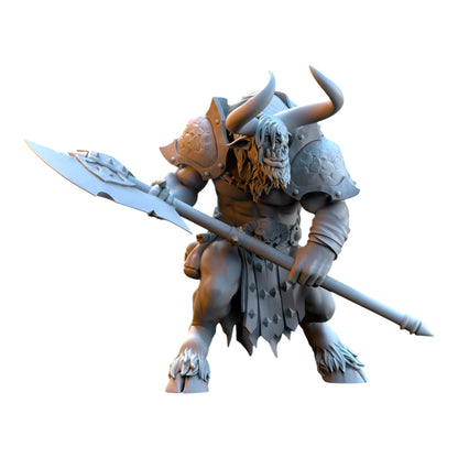 CT Miniatures UK grey resin minotaur warrior miniature holding a large two-handed axe for tabletop wargaming