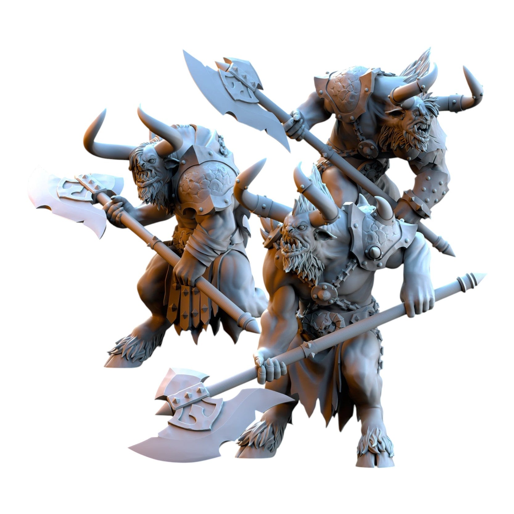 CT Miniatures UK set of three grey resin 32mm scale minotaur fantasy wargaming miniatures wielding two-handed axes.