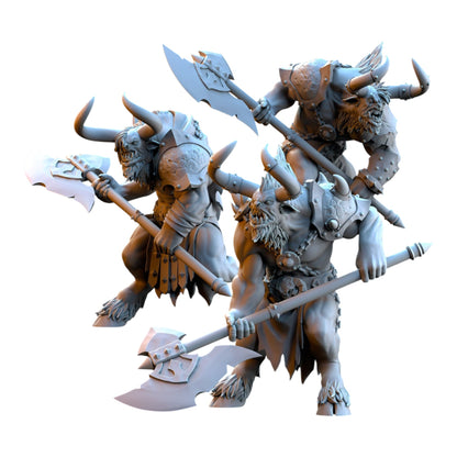 CT Miniatures UK set of three grey resin 32mm scale minotaur fantasy wargaming miniatures wielding two-handed axes.