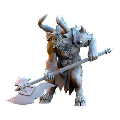 CT Miniatures UK 3D printed grey resin minotaur miniature holding a large two-handed axe for tabletop gaming