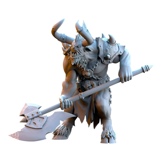 CT Miniatures UK 3D printed grey resin minotaur miniature holding a large two-handed axe for tabletop gaming
