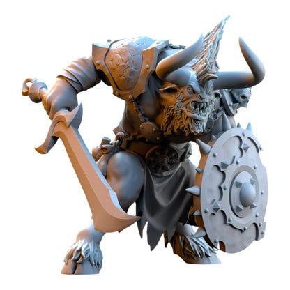 CT Miniatures UK 3D printed grey resin minotaur warrior miniature holding a sword and spiked shield for tabletop gaming