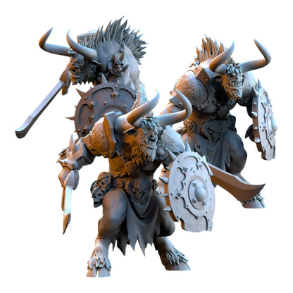 CT Miniatures UK grey resin 3D printed minotaur warriors with swords and shields for tabletop fantasy wargaming
