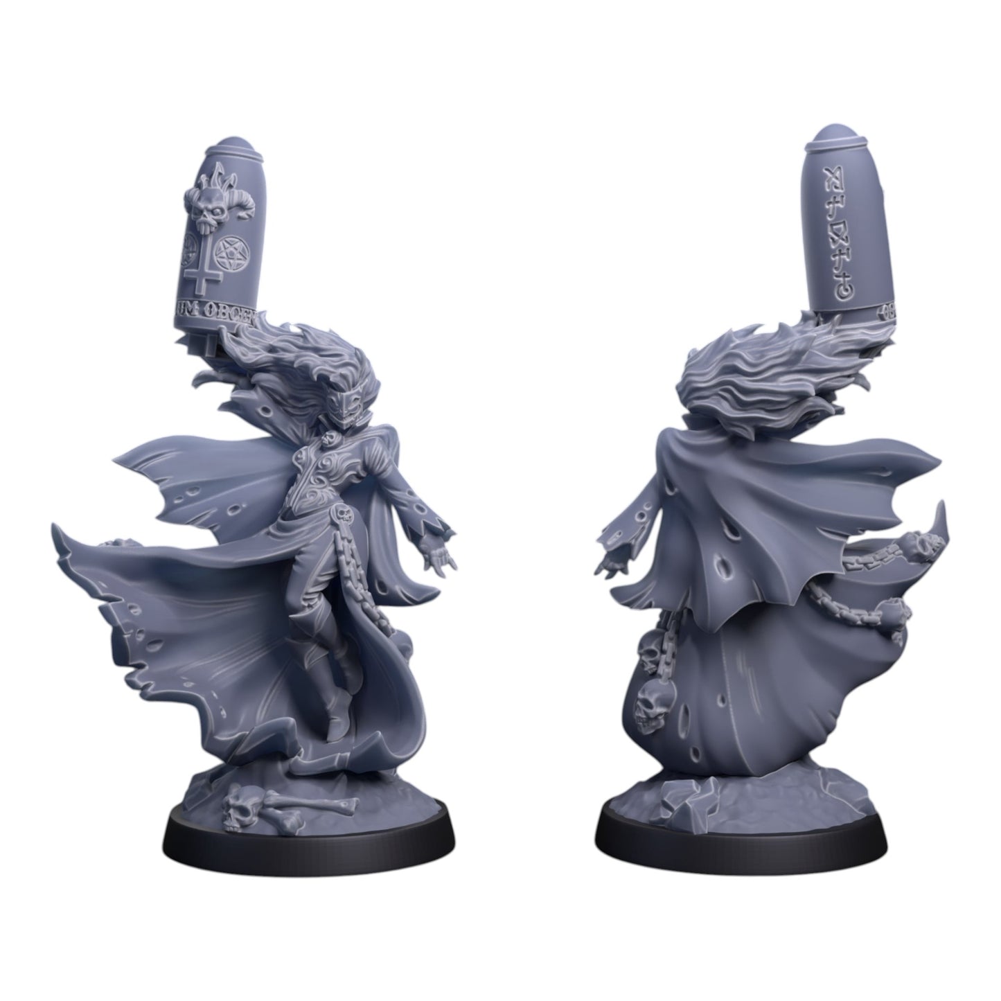 CT Miniatures UK Missile Witch miniature, a grimdark character with tattered robes, mask, and a missile payload, on a scenic base.
