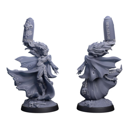 CT Miniatures UK Missile Witch miniature, a grimdark character with tattered robes, mask, and a missile payload, on a scenic base.