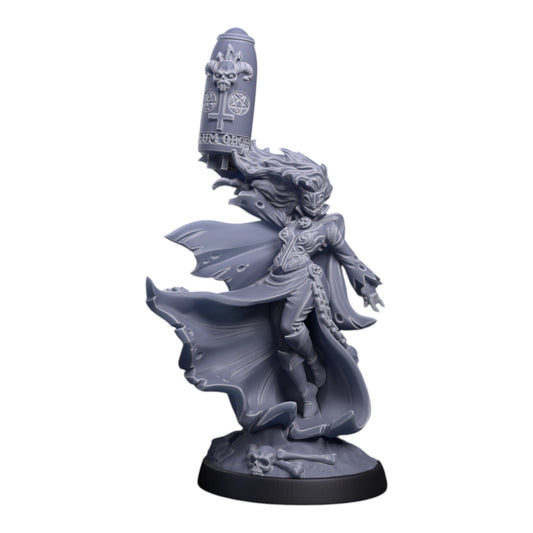 CT Miniatures UK Missile Witch miniature with tattered robes, mask, and missile launcher, on a skull-adorned base.