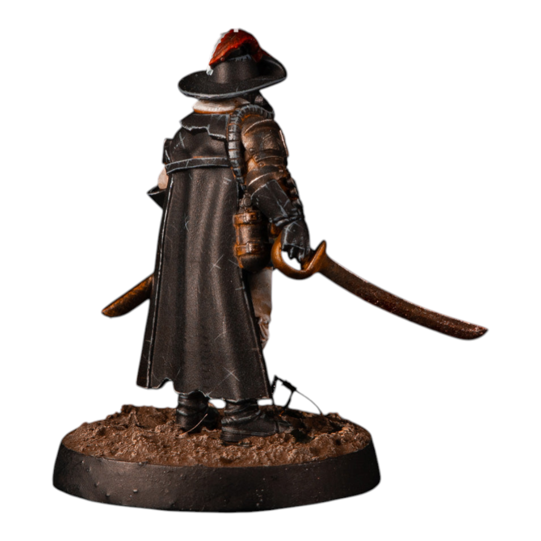 CT Miniatures UK Musketeer miniature with black coat, hat, twin pistols, and sword. 32mm scale.