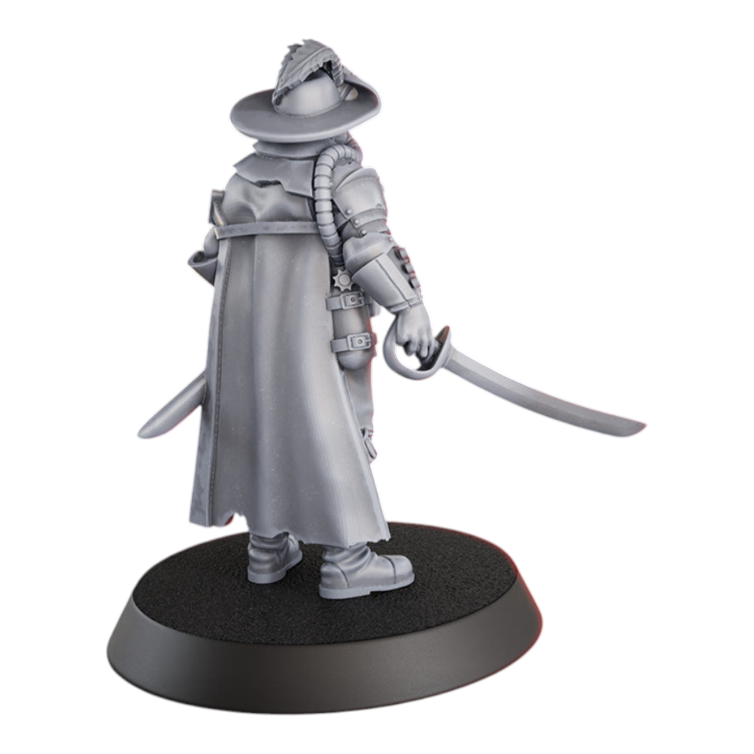 CT Miniatures UK Musketeer miniature, grey resin, wearing a long coat, hat, and holding a sword and pistol. 33mm height.