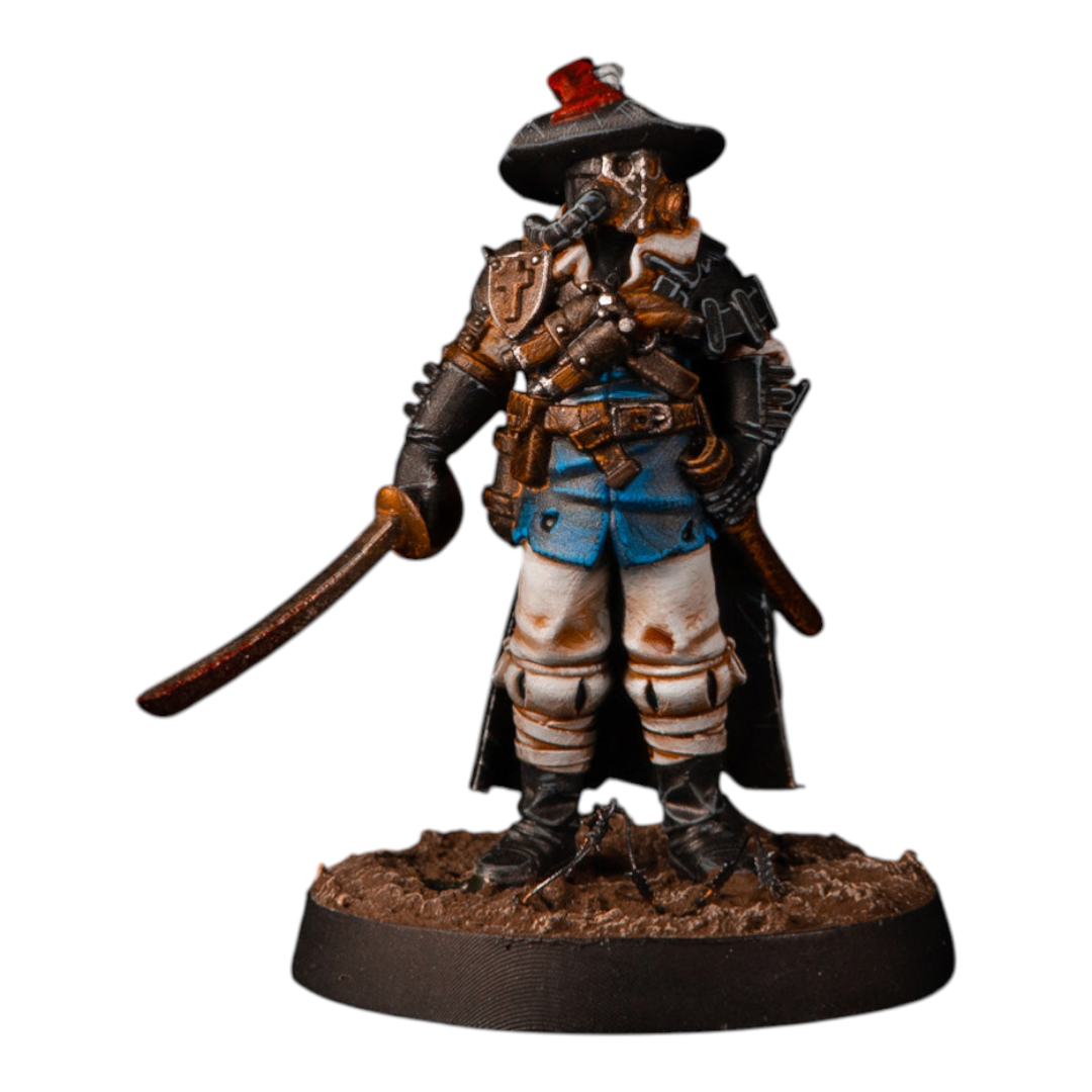 CT Miniatures UK Musketeer miniature with sword, pistols, blue shorts, white pants, and black hat with red accent.