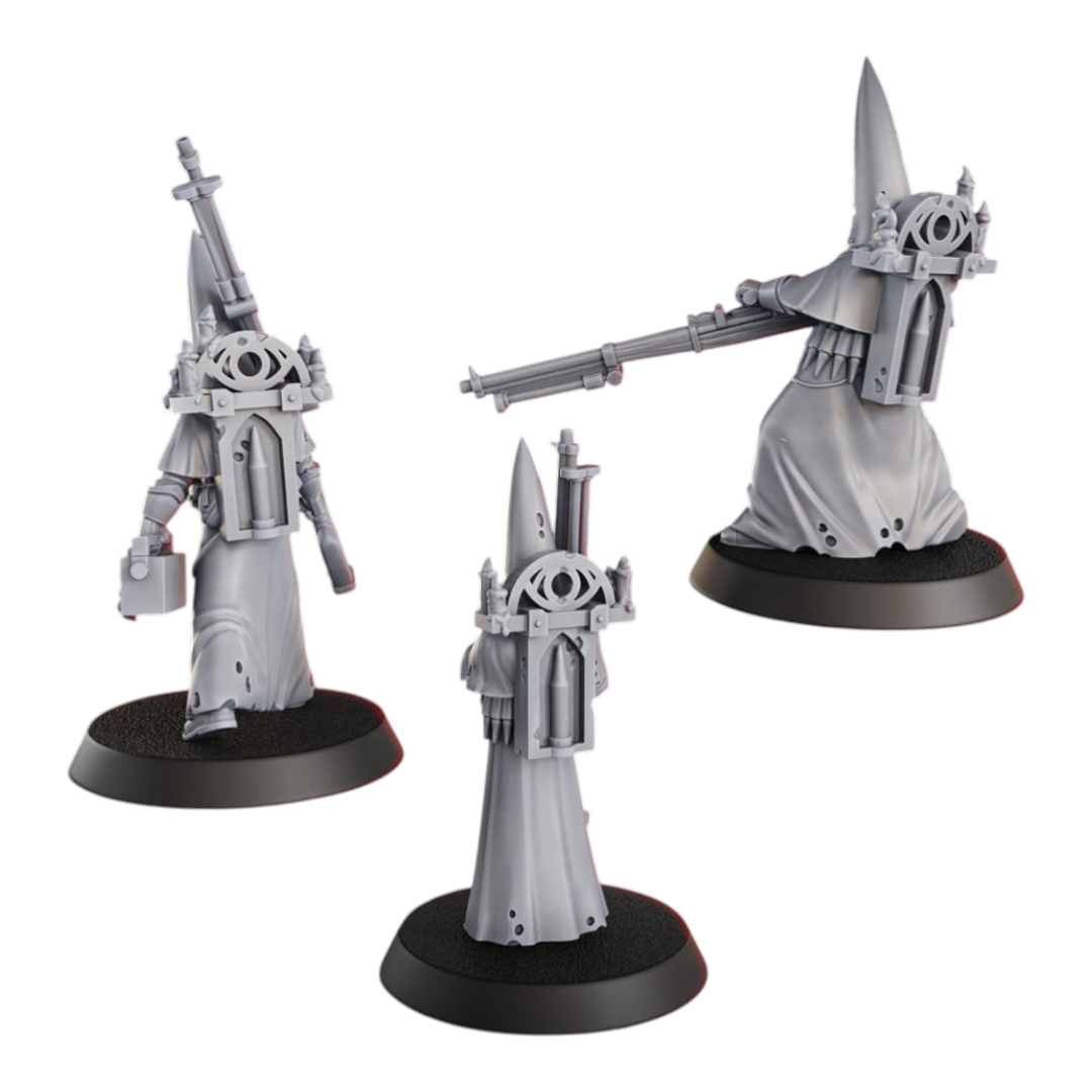 CT Miniatures UK 3x Novitiate of Asesino de Tanques miniatures, grey resin, 34mm height, with large rifles and 40mm bases.