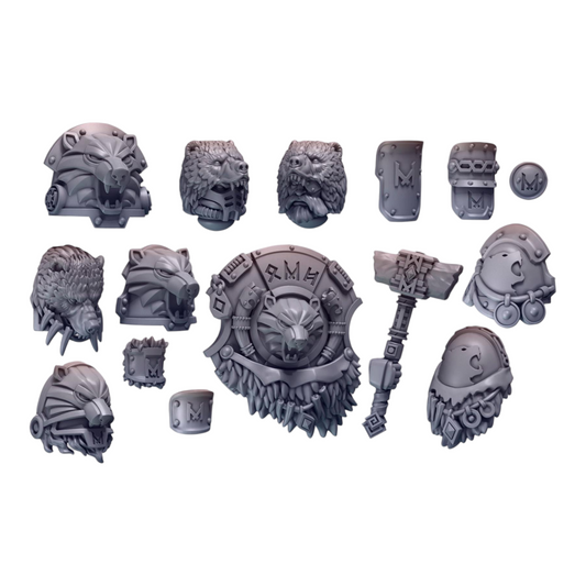 CT Miniatures UK Primal Hounds Bear Company upgrade pack: resin miniatures with bear heads, shield, hammer, and armor pieces.