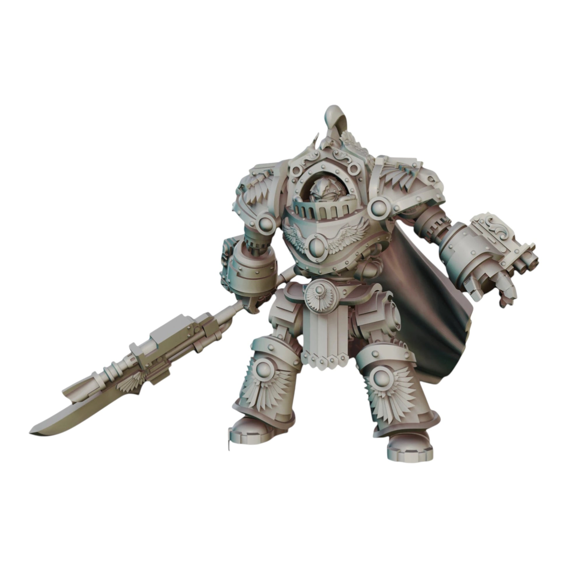 CT Miniatures UK Reliquia Spaciator modular miniature with spear, shield, and multiple cowl designs. Grey resin.