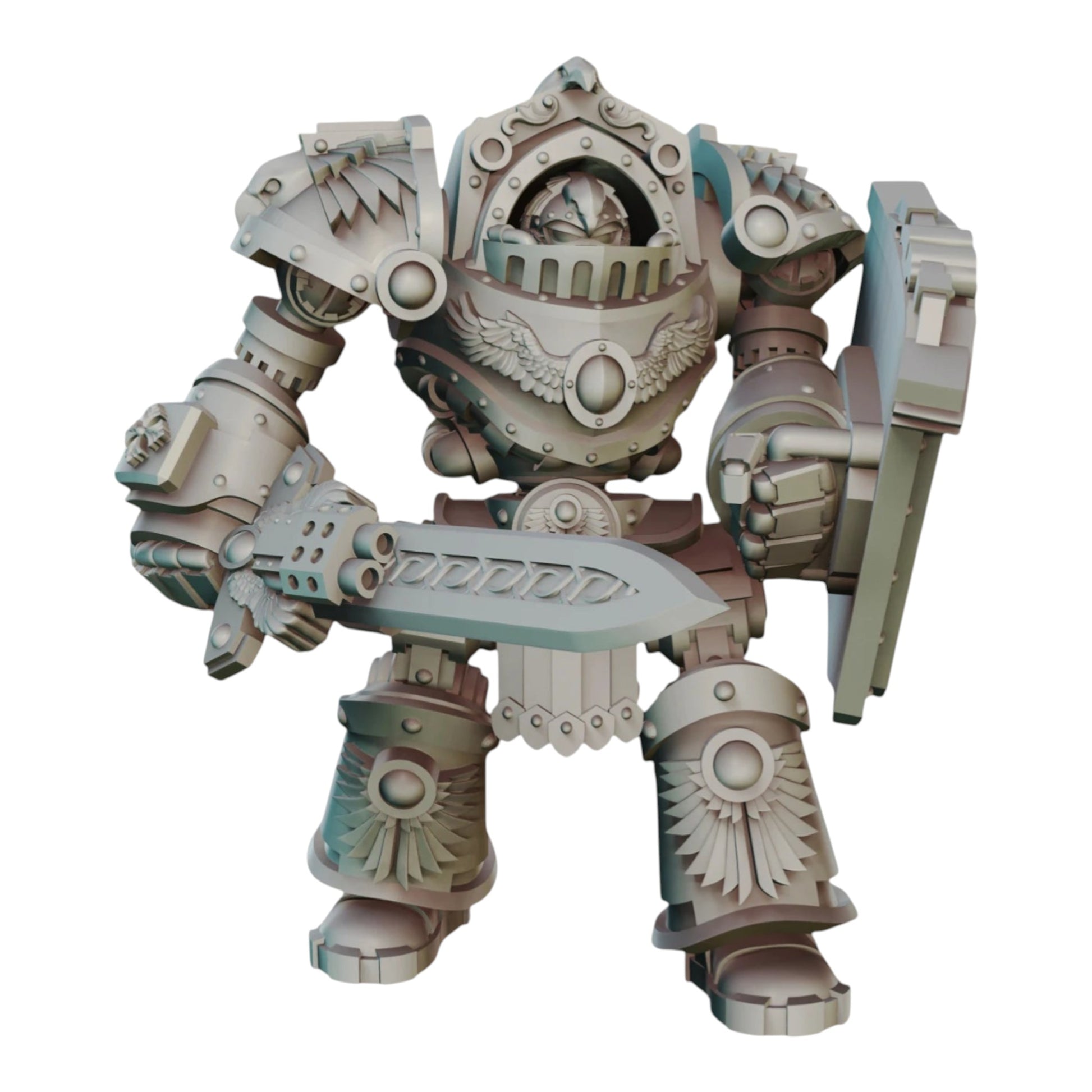 CT Miniatures UK Reliquia Spaciator modular miniature with sword and shield, grey resin, 28-32mm scale