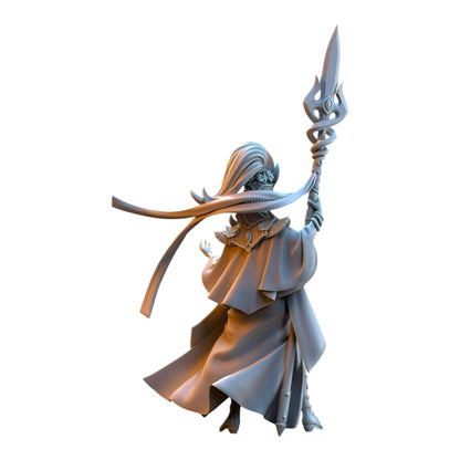 CT Miniatures UK Sephirya Queen of the Moor grey resin elf miniature holding a spear from behind