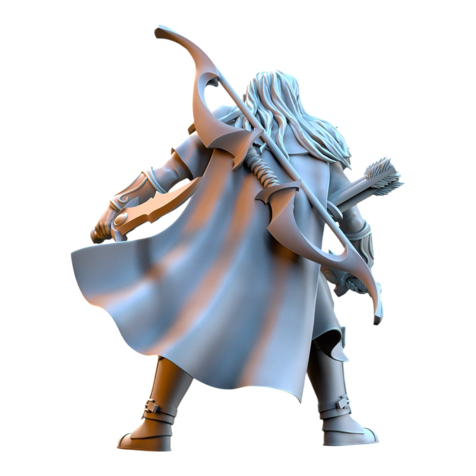 CT Miniatures UK Shades Captain Usunaar grey resin miniature of an elf archer with a bow and cape, back view.