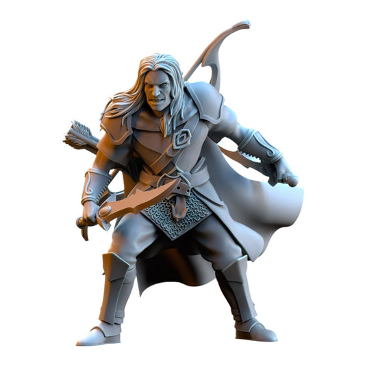 CT Miniatures UK Shades Captain Usunaar grey resin elf warrior miniature with long hair, cape, bow, and sword.