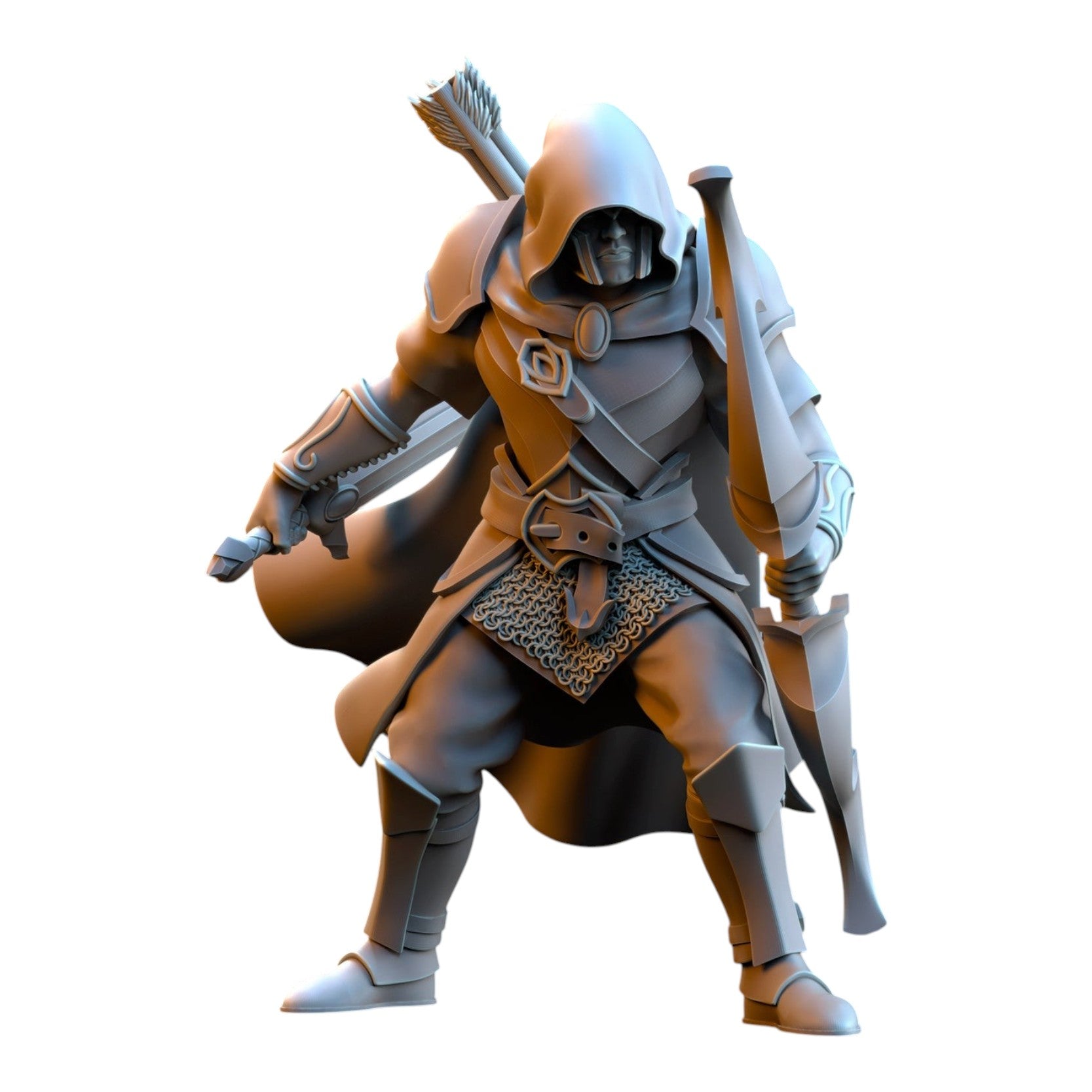 CT Miniatures UK Shades of Ashur Silvermoor Elf ranger miniature in grey resin with hooded cloak and dual swords