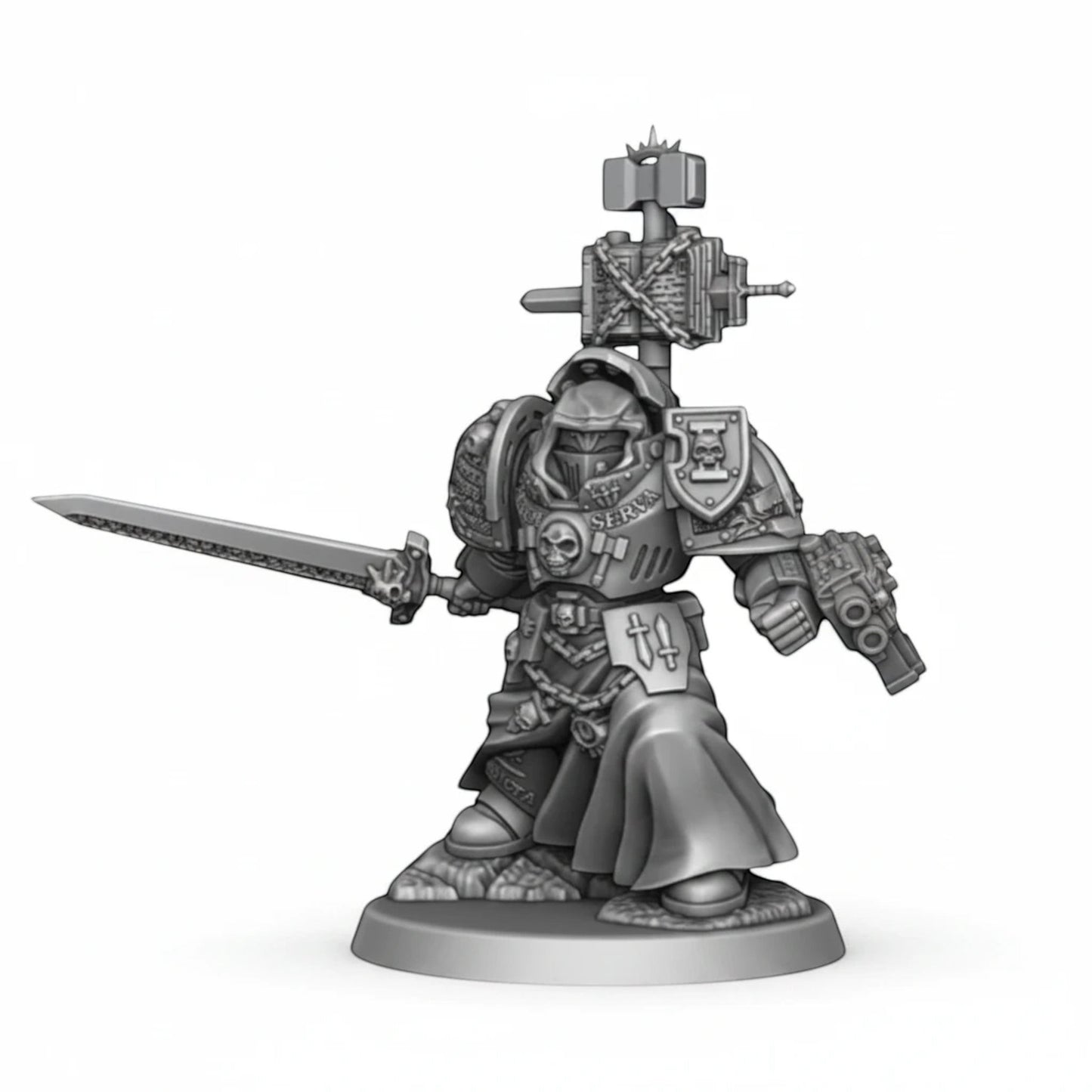 CT Miniatures UK Silver Wardens Paladin miniature with sword and pistol, grey resin, detailed armor and chains.