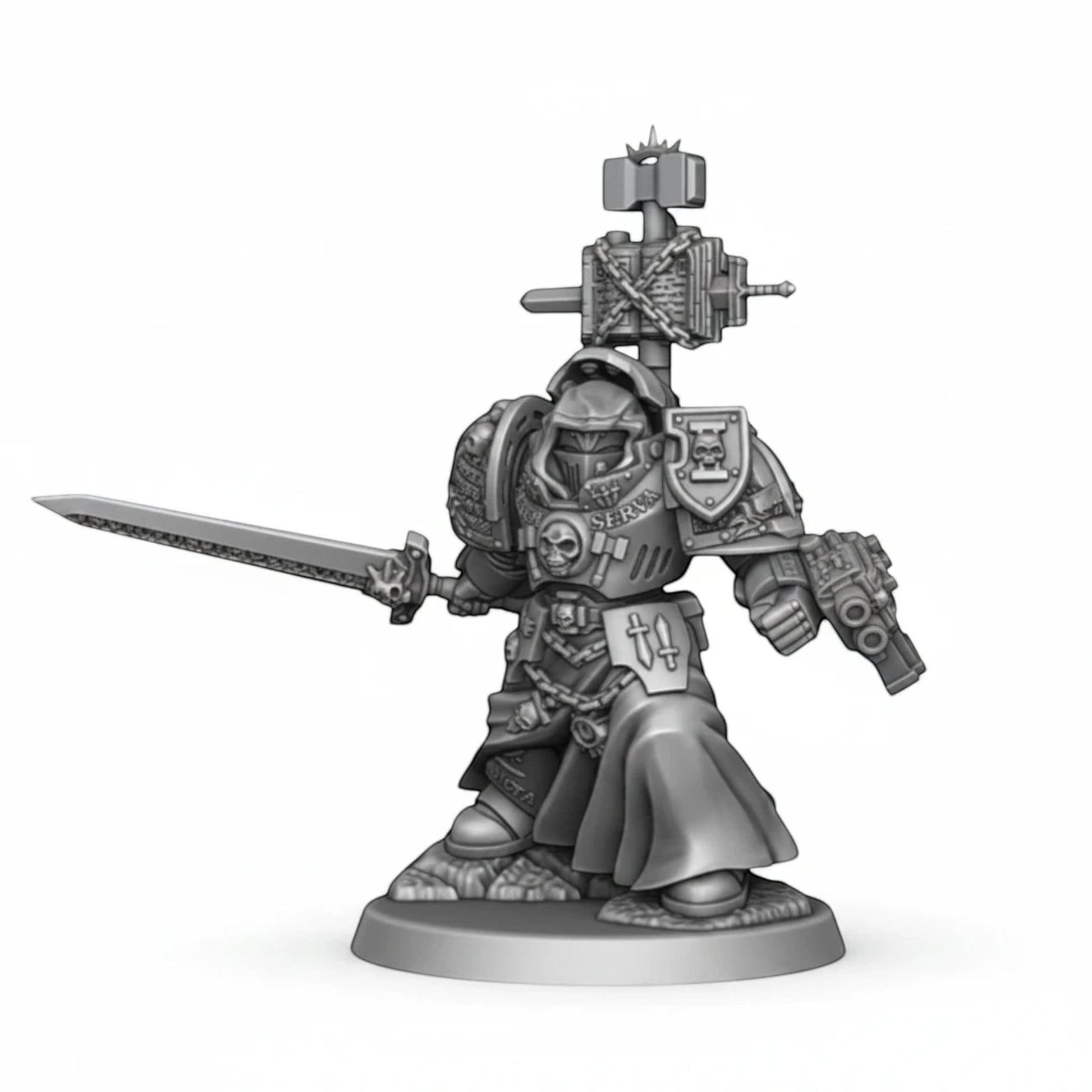 CT Miniatures UK Silver Wardens Paladin miniature with sword and pistol, grey resin, detailed armor and chains.