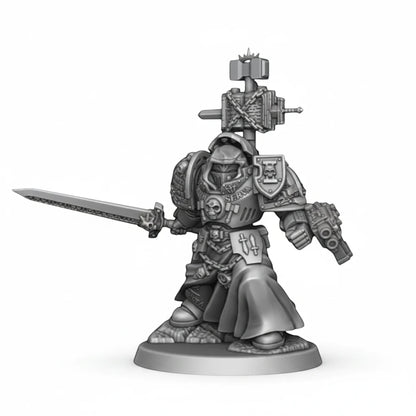 CT Miniatures UK Silver Wardens Paladin miniature with sword and pistol, grey resin, detailed armor and chains.