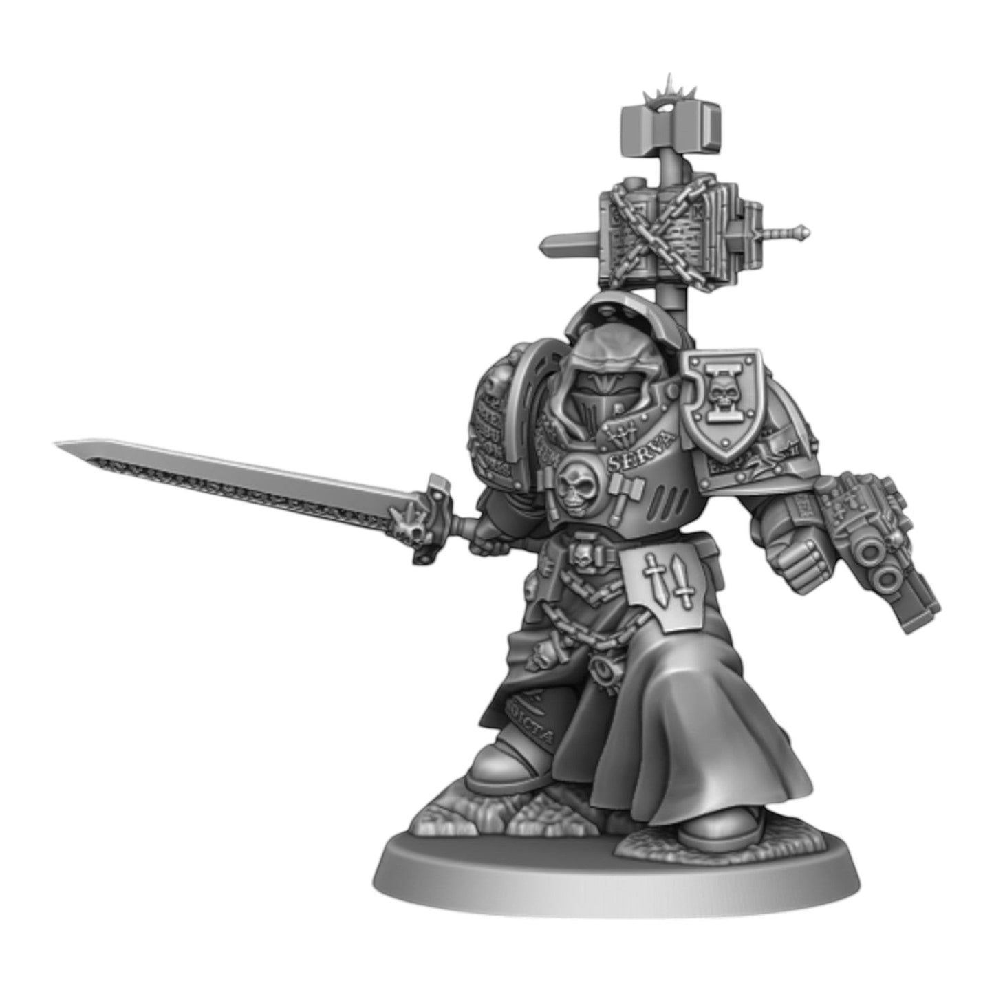 CT Miniatures UK Silver Wardens Paladin miniature in grey resin with power sword, bolt pistol, and back banner