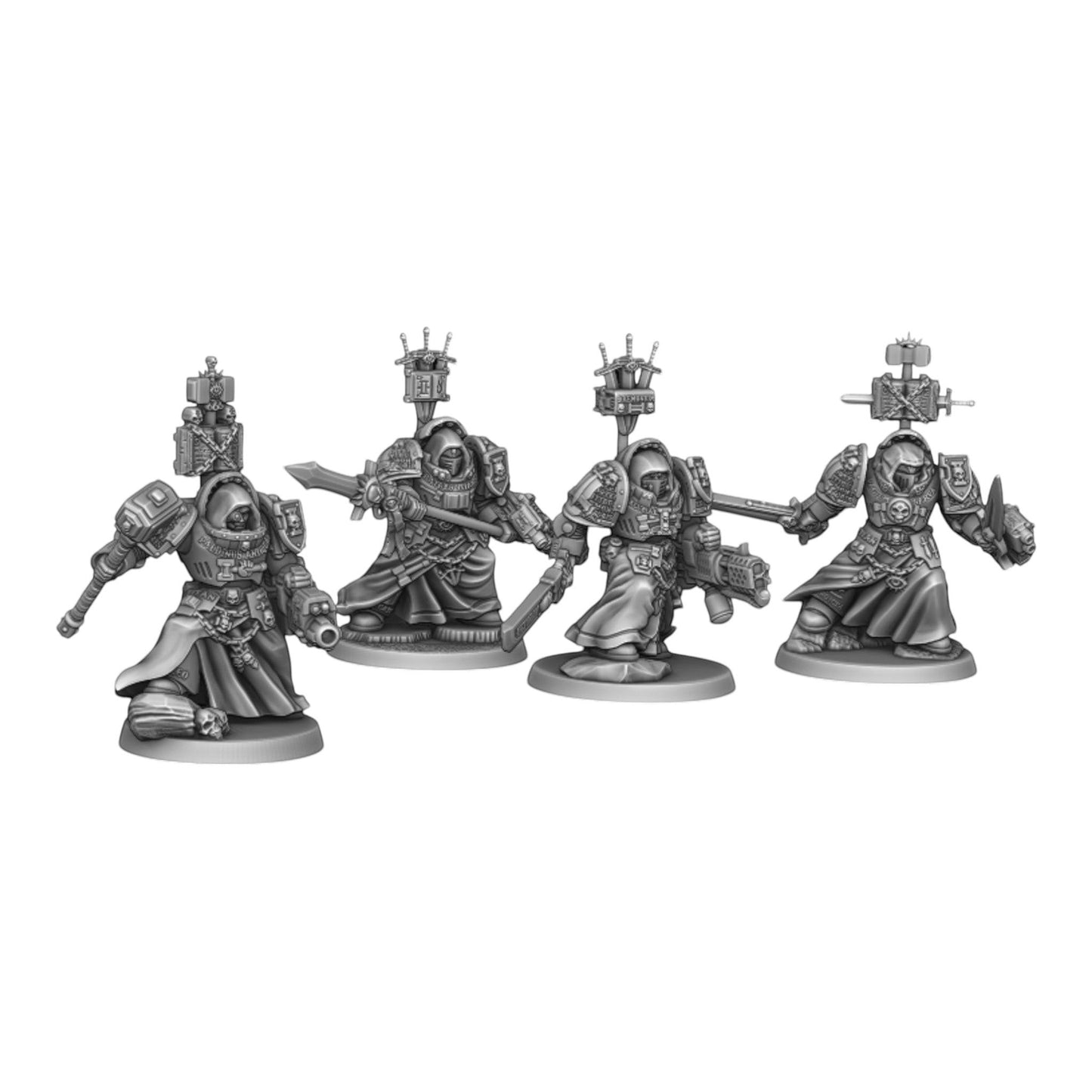 CT Miniatures UK Silver Wardens Paladin squad with heavy weapons and power swords in grey resin for tabletop gaming.