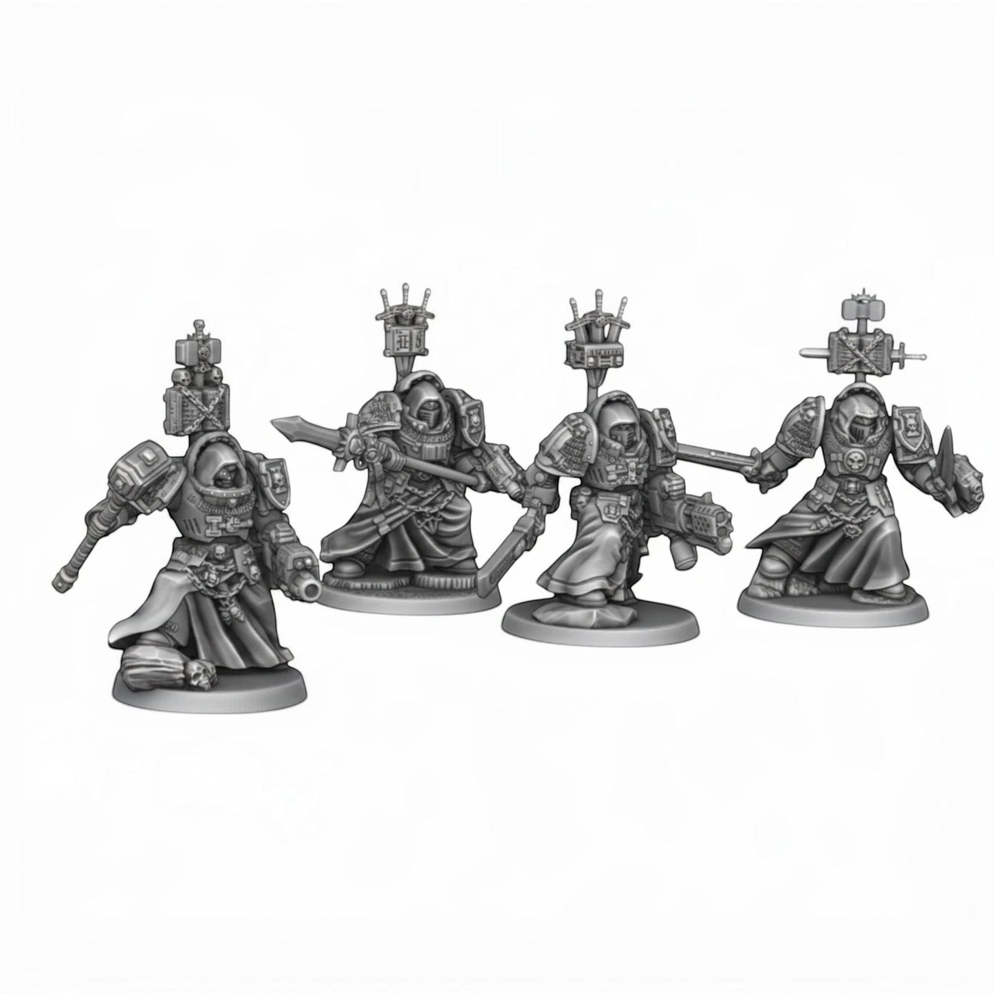 CT Miniatures UK Silver Wardens Paladins, sci-fi tabletop miniatures with heavy weapons, made from ABS-like resin.