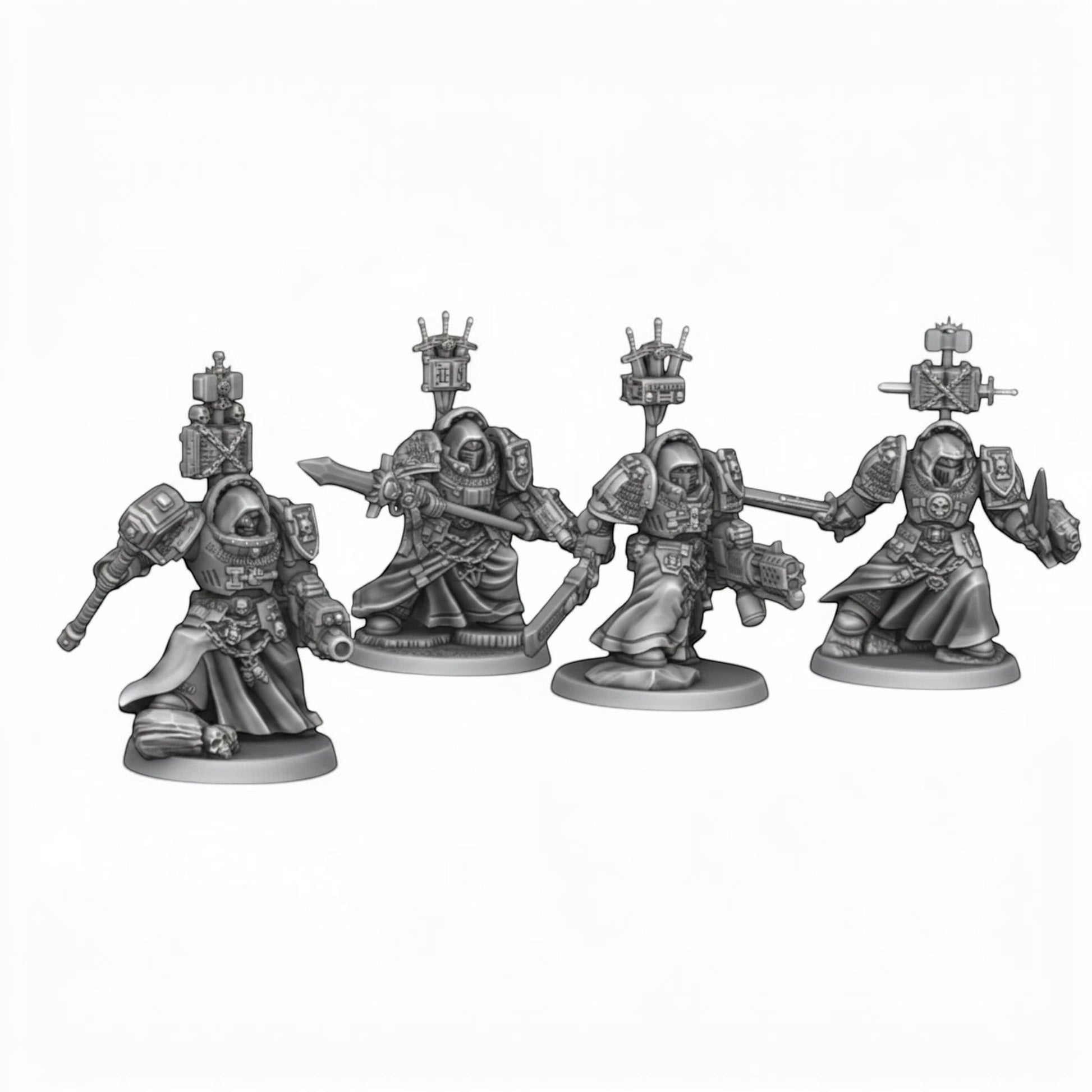 CT Miniatures UK Silver Wardens Paladins, sci-fi tabletop miniatures with heavy weapons, made from ABS-like resin.