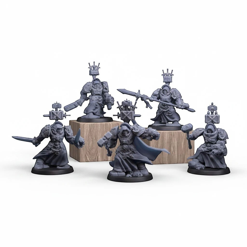 CT Miniatures UK Silver Wardens Paladins, grey resin miniatures with swords, hammers, and spears for tabletop games.