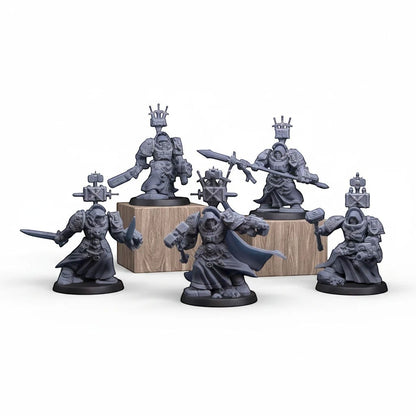 CT Miniatures UK Silver Wardens Paladins, grey resin miniatures with swords, hammers, and spears for tabletop games.