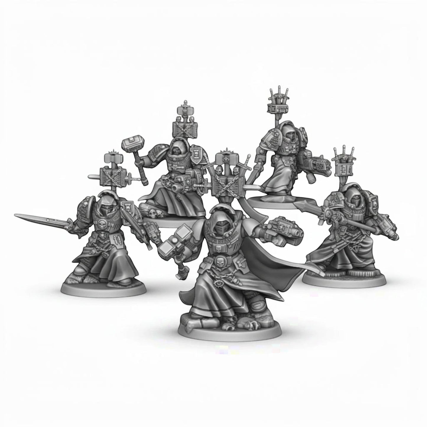 CT Miniatures UK Silver Wardens Paladins squad with heavy weapons, designed for tabletop games. Grey resin.