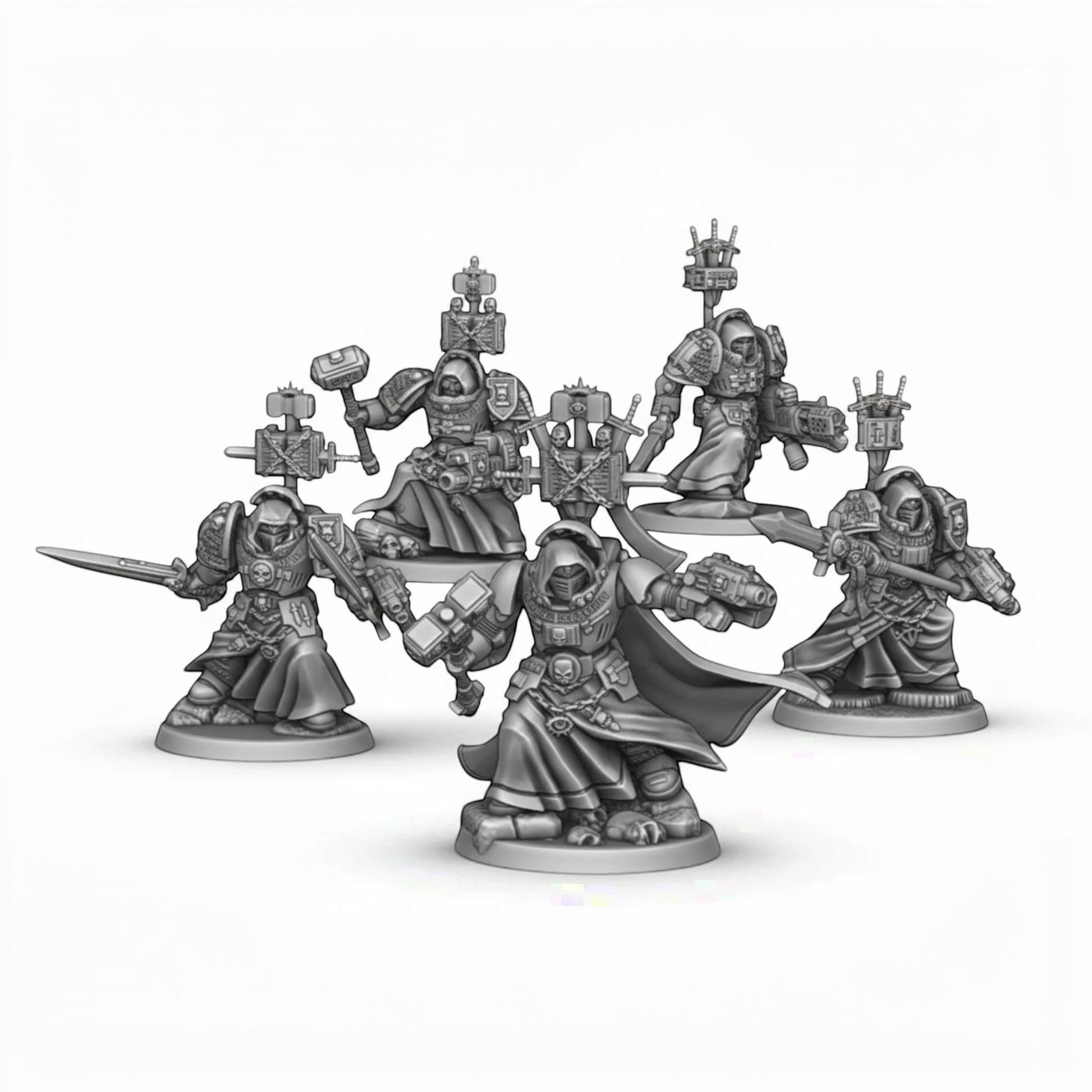 CT Miniatures UK Silver Wardens Paladins squad with heavy weapons, designed for tabletop games. Grey resin.