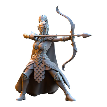 CT Miniatures UK 32mm grey resin Silvermoor Elf Sisterhood Archer miniature in a dynamic bow-drawing pose.