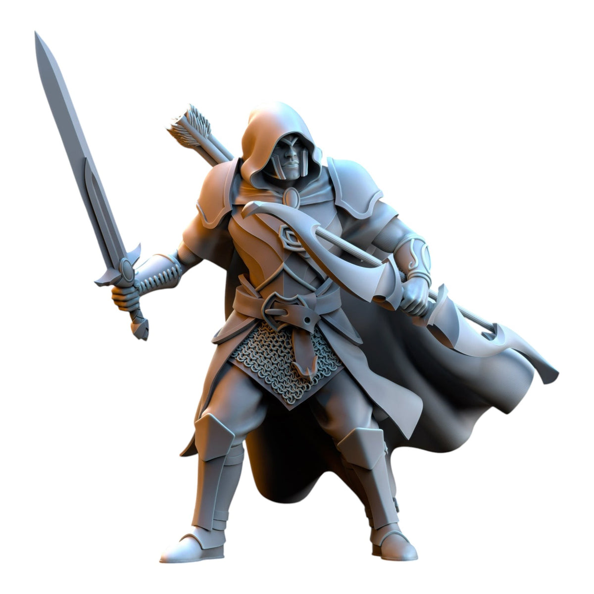 CT Miniatures UK Shades of Ashur Silvermoor Elf fantasy miniature in grey resin with sword, bow, and hooded cloak.