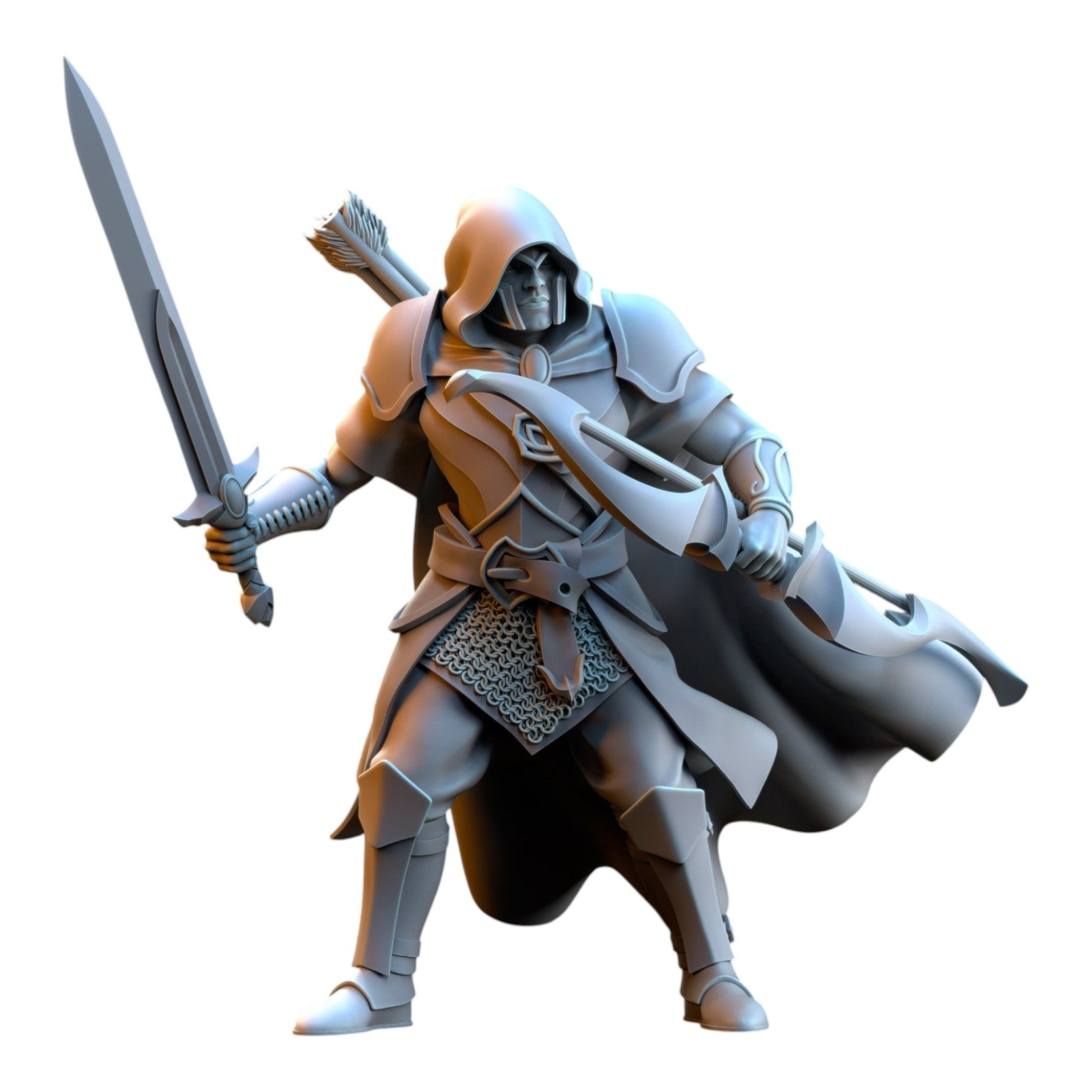 CT Miniatures UK Shades of Ashur Silvermoor Elf fantasy miniature in grey resin with sword, bow, and hooded cloak.
