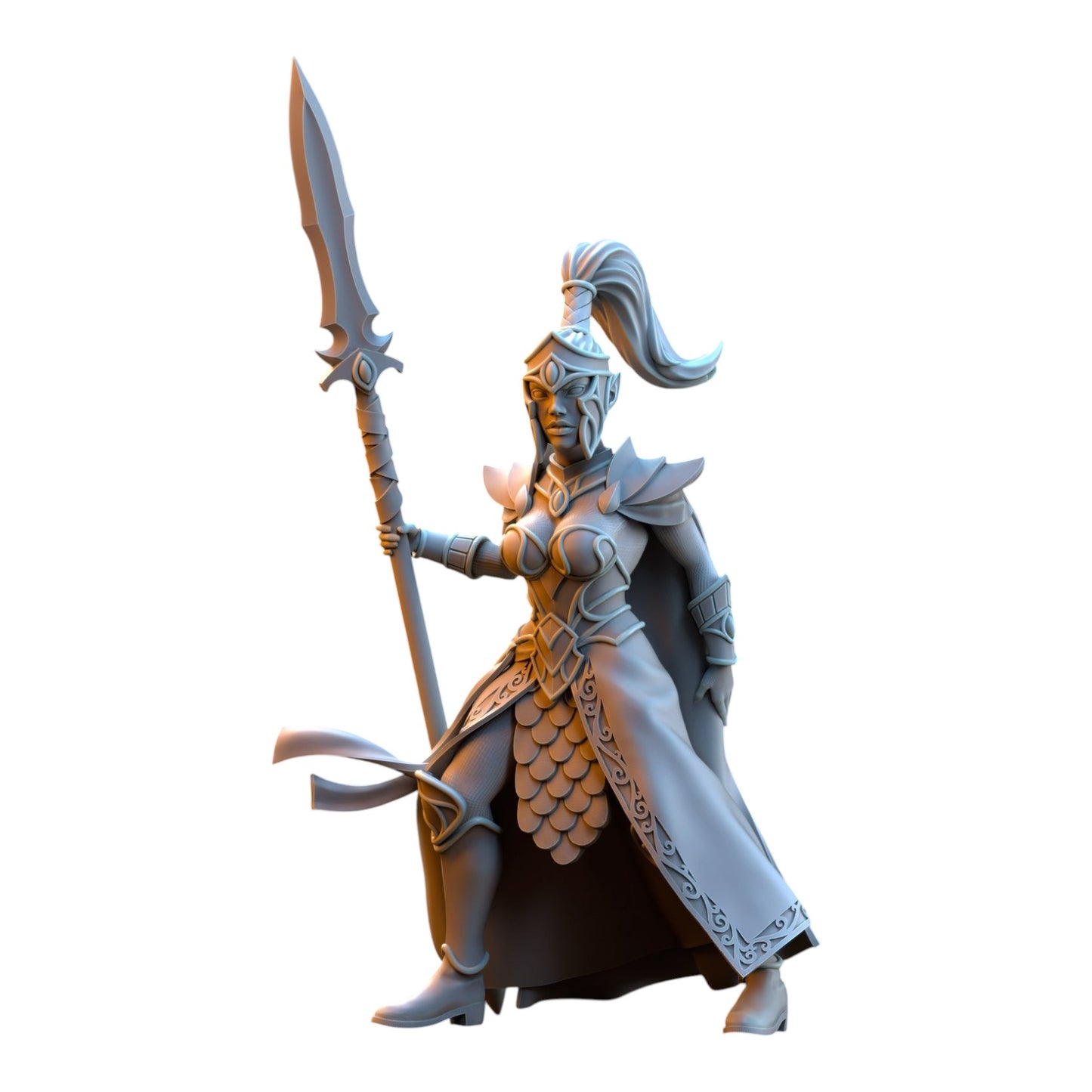 CT Miniatures UK 32mm grey resin Silvermoor Elf Sisterhood Praetorian miniature holding a spear in a battle stance.