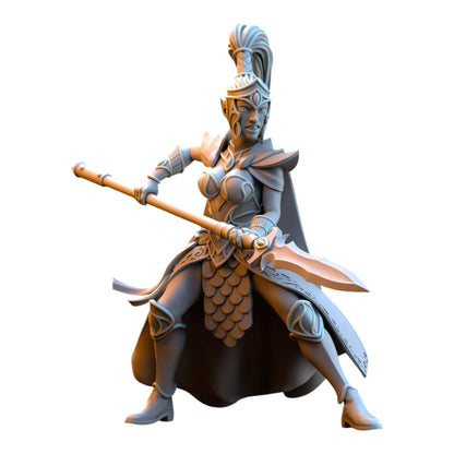 CT Miniatures UK Sisterhood Praetorian Silvermoor Elf miniature in grey resin holding a spear for tabletop gaming